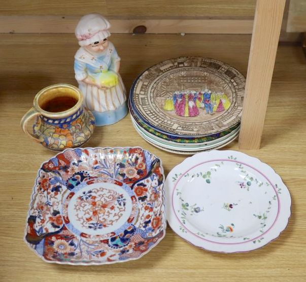 A Meissen plate, an Imari dish, Doulton plates, a Charlotte Rhead vase etc.